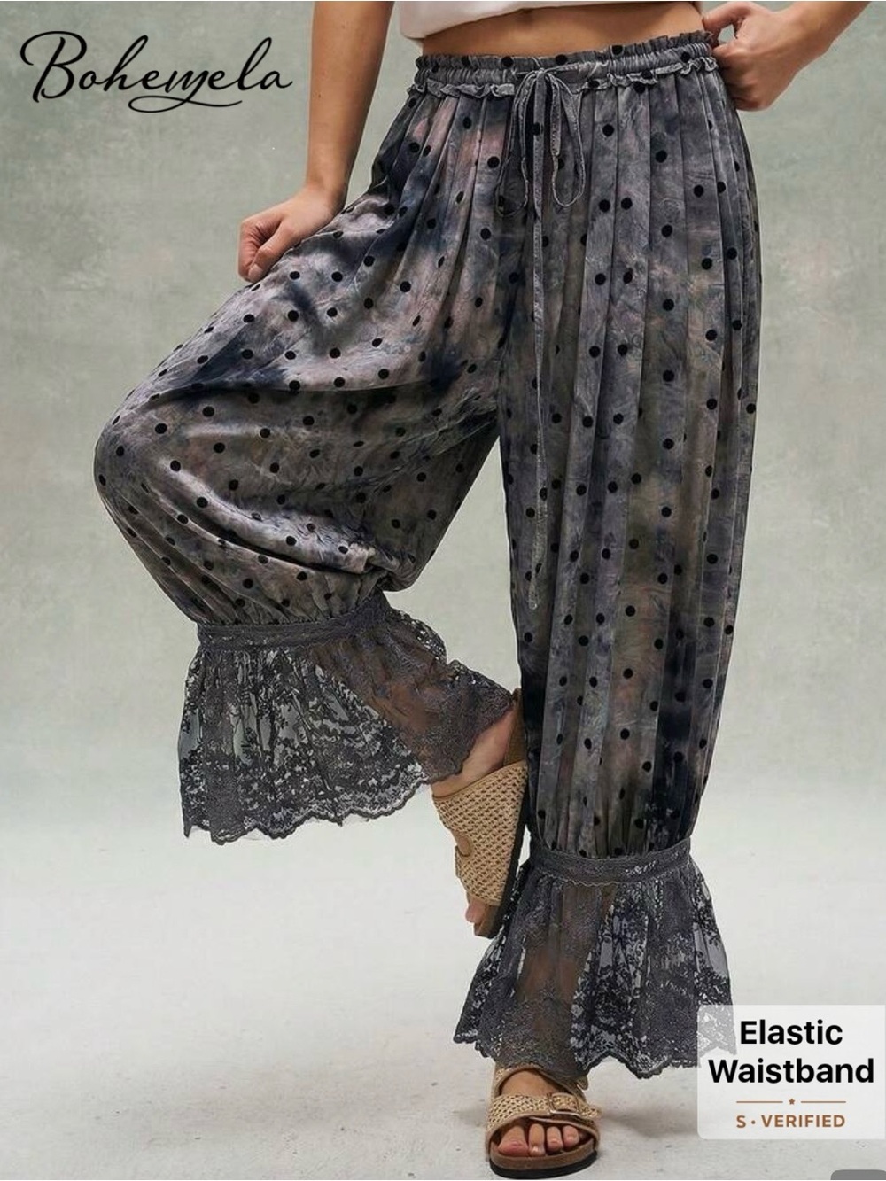 NWT Bohemela Women's Gray Polka Dot Wide-Leg Lace-Hem Pants, XL